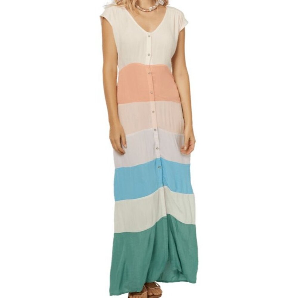 O’Neill Women’s Large Gemma Woven Maxi Dress Multi Color Stripe Button Front
